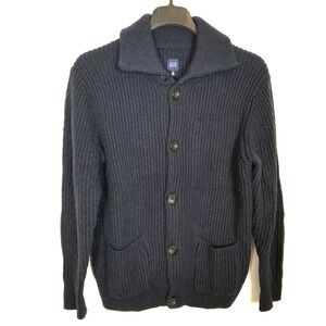 Blue Saks Fifth Avenue Men Wool Blend Cardigan Sweater Sz M Navy Elbow Patch